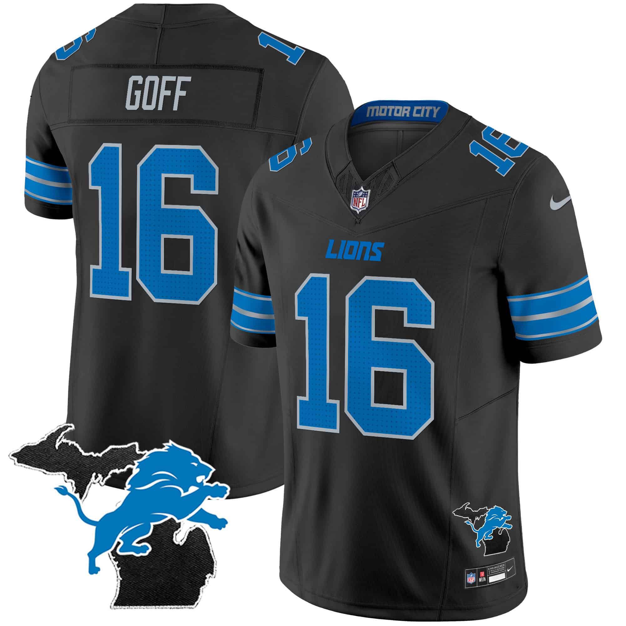 Men Detroit Lions #16 Goff Black 2024 Nike Michigan Patch Vapor Limited NFL Jersey style 1